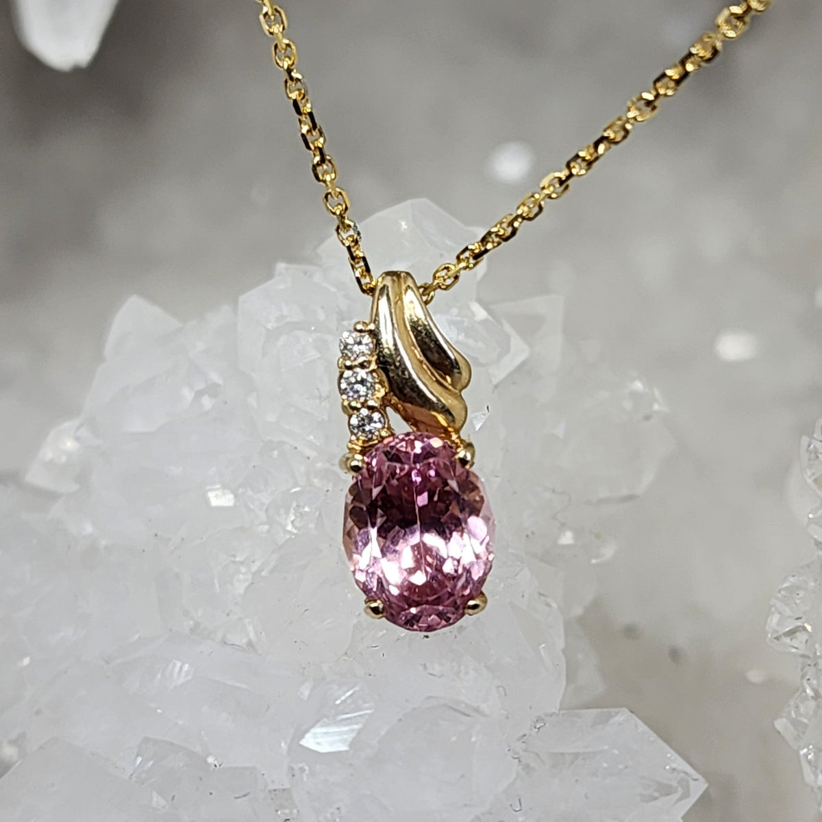 Pendant - 14K Gold Pink Tourmaline Pendant with 3 Natural Accent