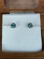 Load image into Gallery viewer, Montana Sapphire Stud Earrings Teal .42 ctw 3 Prong 14 KY
