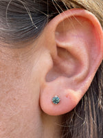 Load image into Gallery viewer, Earrings - Montana Sapphire .70 CTW Teal Round in 14k White Gold Fleur De Lis Detail Studs
