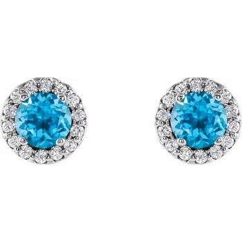Gemstone and Diamond Halo Stud Earrings in 14K White Gold