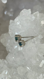 Load image into Gallery viewer, Earrings - Montana Sapphire .70 CTW Teal Round in 14k White Gold Fleur De Lis Detail Studs
