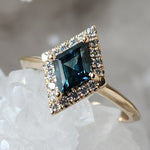 Load image into Gallery viewer, Ring - .95 CT Montana Sapphire Teal Lozenge Cut with Halo Design in 14k Yellow Gold
