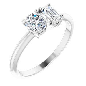Two Stone Diamond Engagement Ring - Featuring 5mm Round and 5x3mm Emerald Cut Diamond