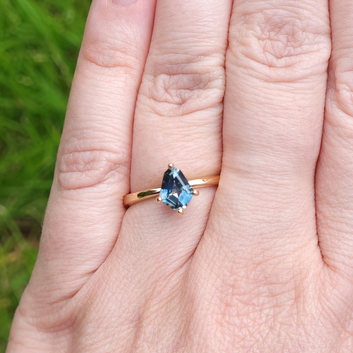 Montana Sapphire Teal Modified Shield Cut 14K Gold Solitaire Ring