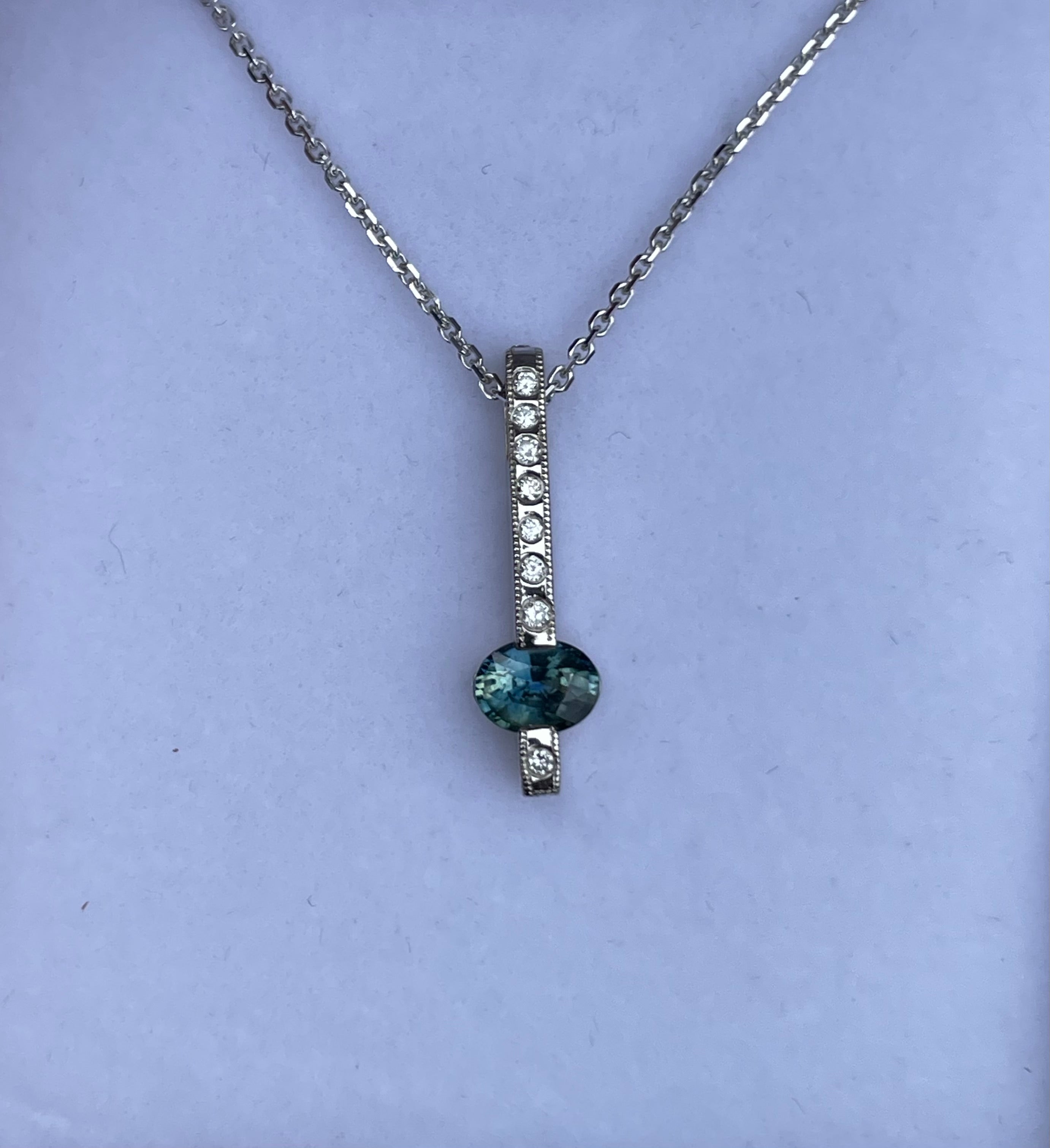 Montana Sapphire Teal Oval and Diamond Bar Necklace in 14 karat White Gold