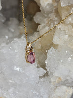 Load image into Gallery viewer, Pendant - 14K Gold Pink Tourmaline Pendant with 3 Natural Accent Diamonds
