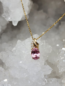 Pendant - 14K Gold Pink Tourmaline Pendant with 3 Natural Accent Diamonds