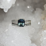 Load image into Gallery viewer, Engagement and Wedding Ring Set - 2.3 CT Teal Madagascar Sapphire set in 14K White Gold with Matching Contoured Band with accent diamonds

