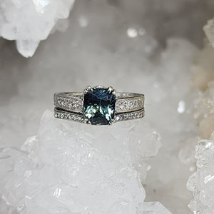 Engagement and Wedding Ring Set - 2.3 CT Teal Madagascar Sapphire set in 14K White Gold with Matching Contoured Band with accent diamonds
