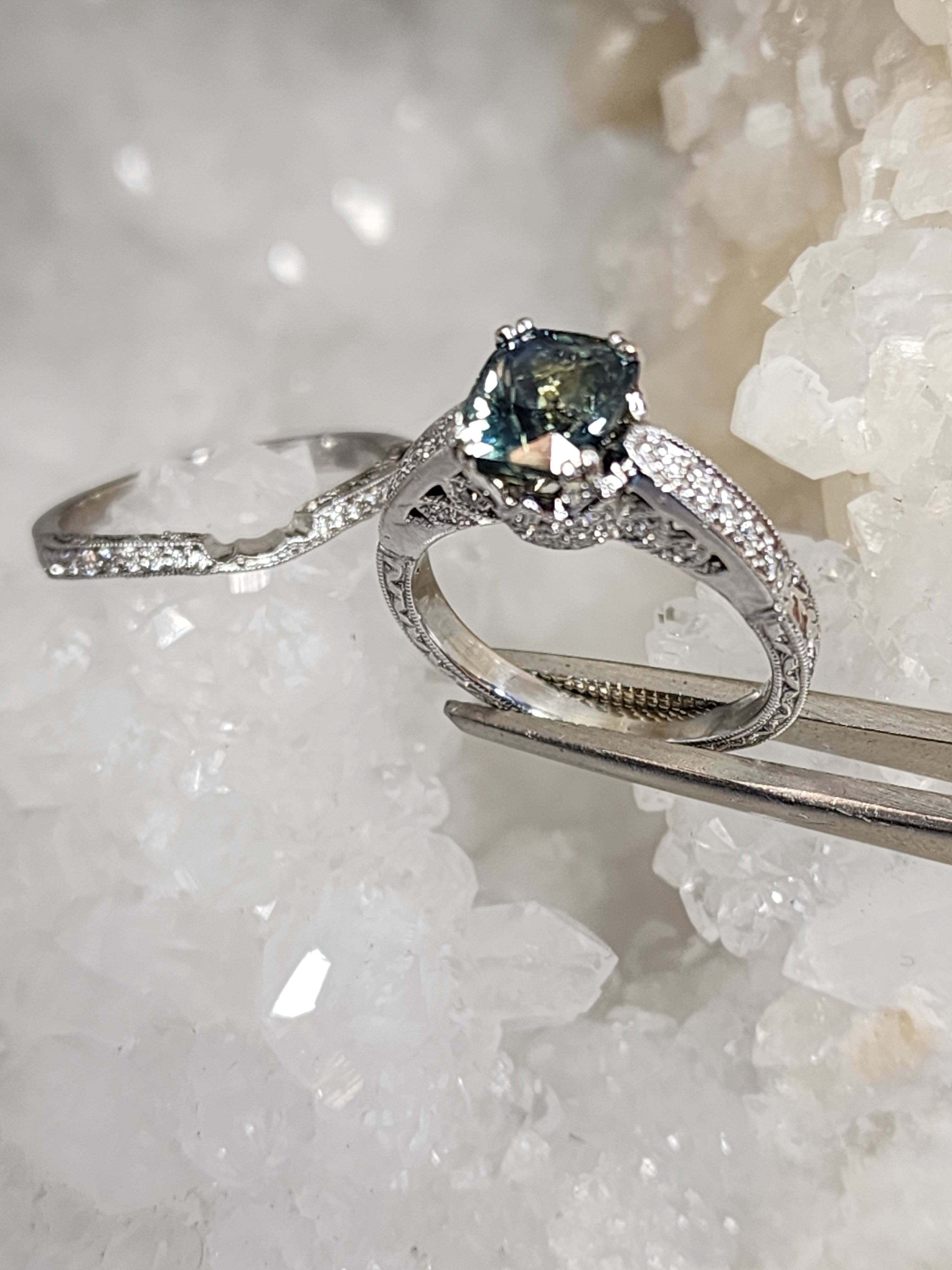 Engagement and Wedding Ring Set - 2.3 CT Teal Madagascar Sapphire set in 14K White Gold with Matching Contoured Band with accent diamonds