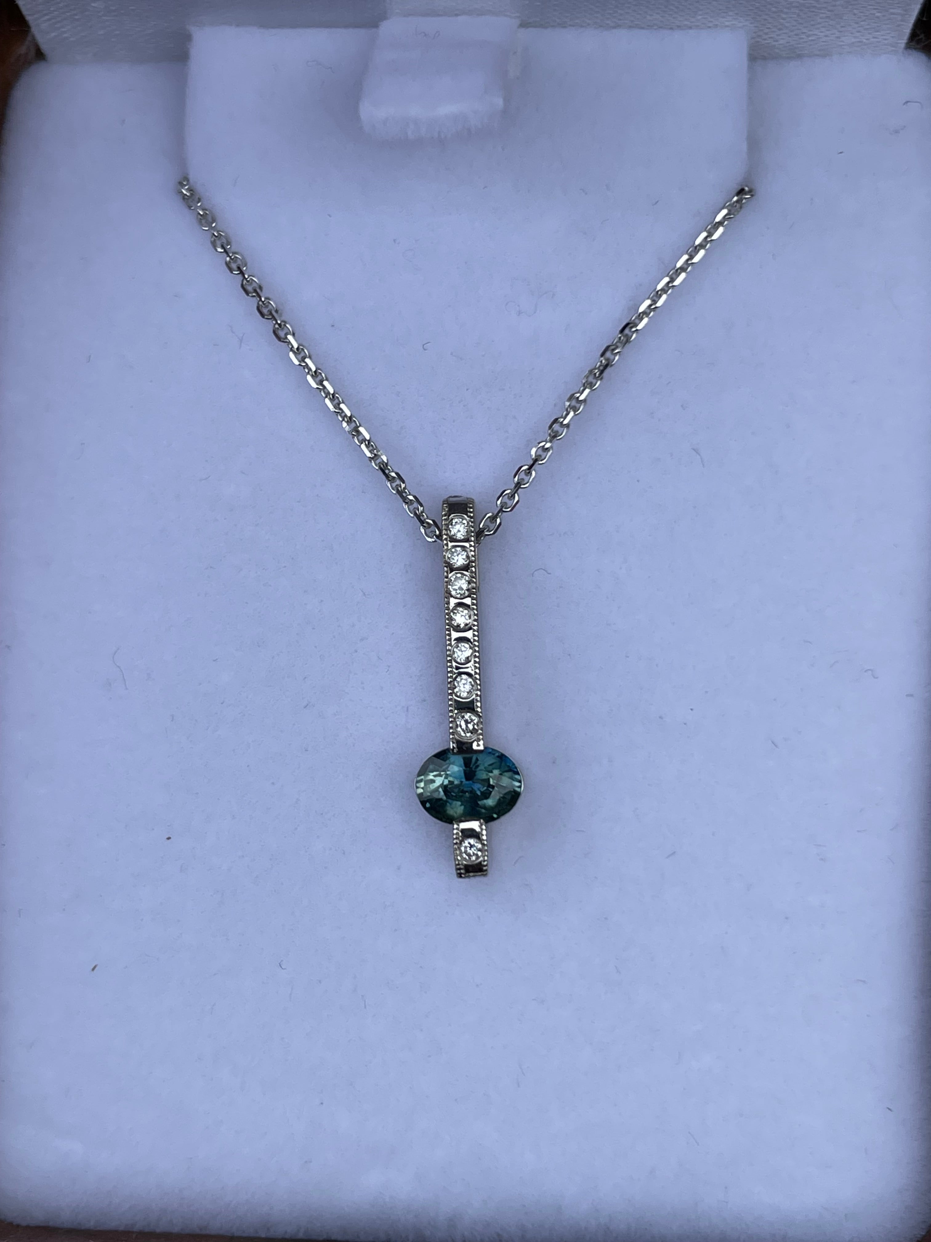 Montana Sapphire Teal Oval and Diamond Bar Necklace in 14 karat White Gold