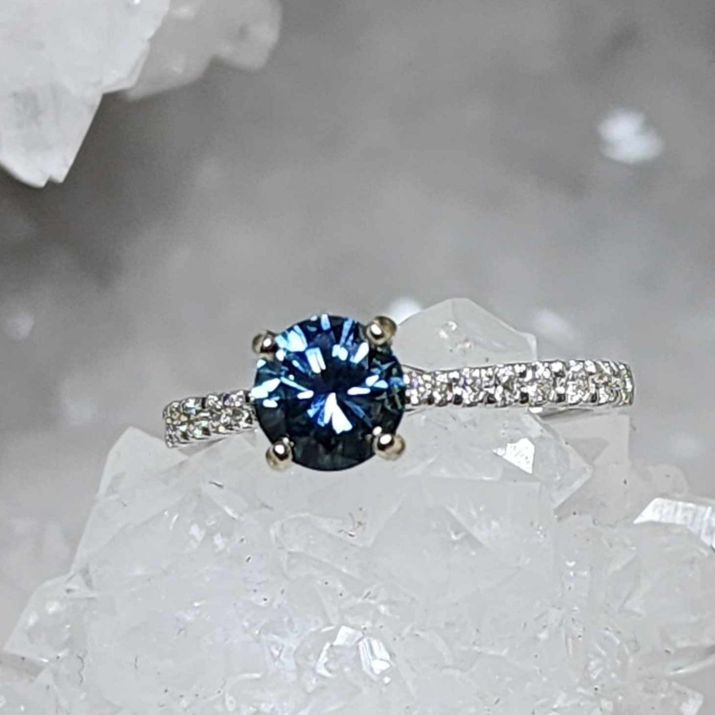 Ring - .98 CT Montana Sapphire Teal Blue Green Round Cut set in our 14K White Gold Mina Setting