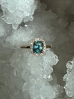 Load image into Gallery viewer, Montana Sapphire and Diamond Halo Ring 14KY
