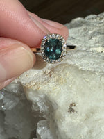 Load image into Gallery viewer, Montana Sapphire and Diamond Halo Ring 14KY
