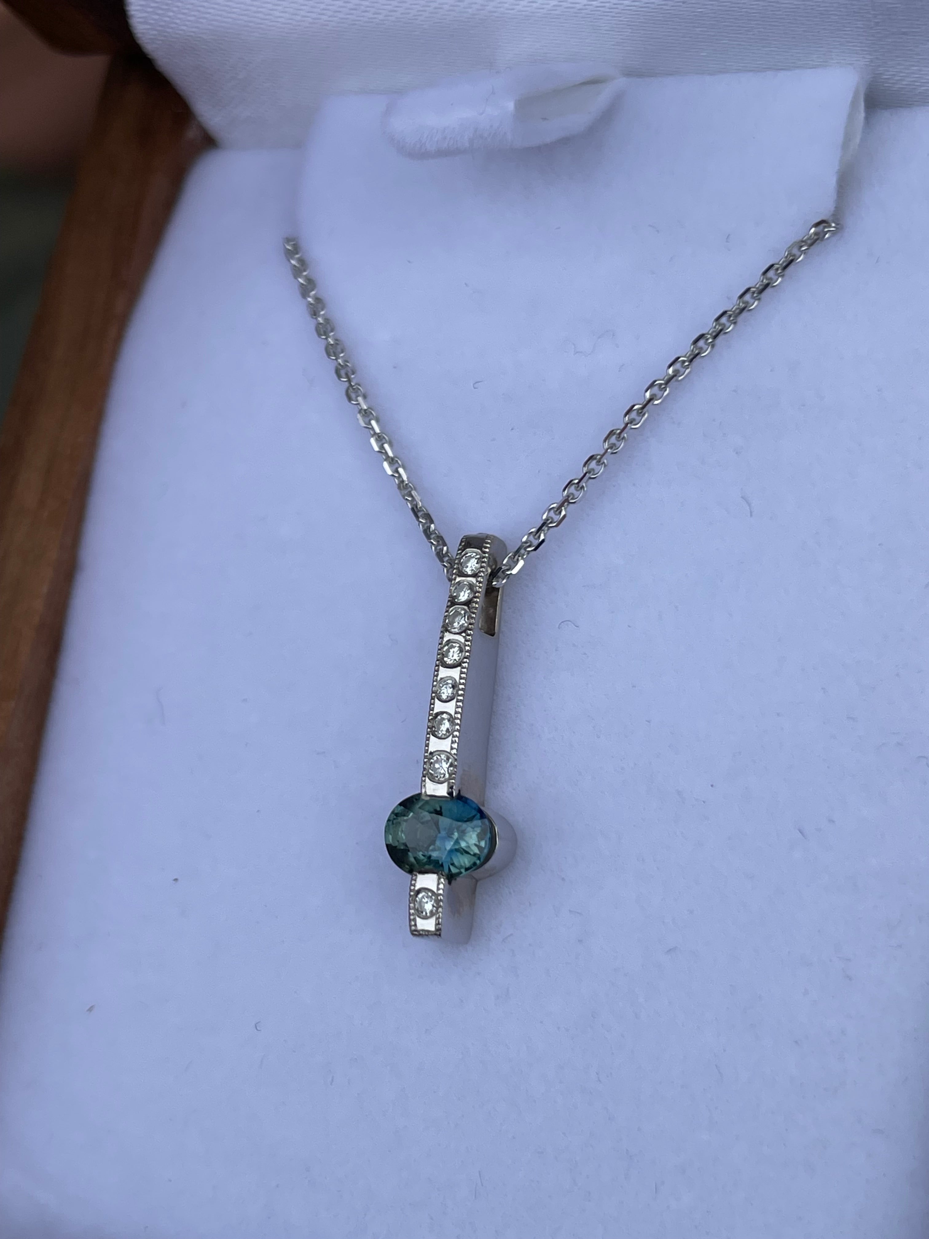 Montana Sapphire Teal Oval and Diamond Bar Necklace in 14 karat White Gold