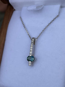 Montana Sapphire Teal Oval and Diamond Bar Necklace in 14 karat White Gold