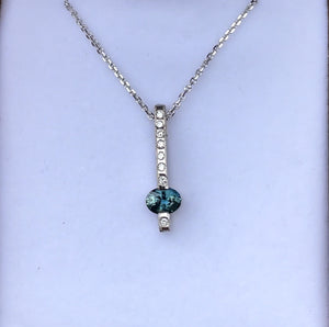 Montana Sapphire Teal Oval and Diamond Bar Necklace in 14 karat White Gold