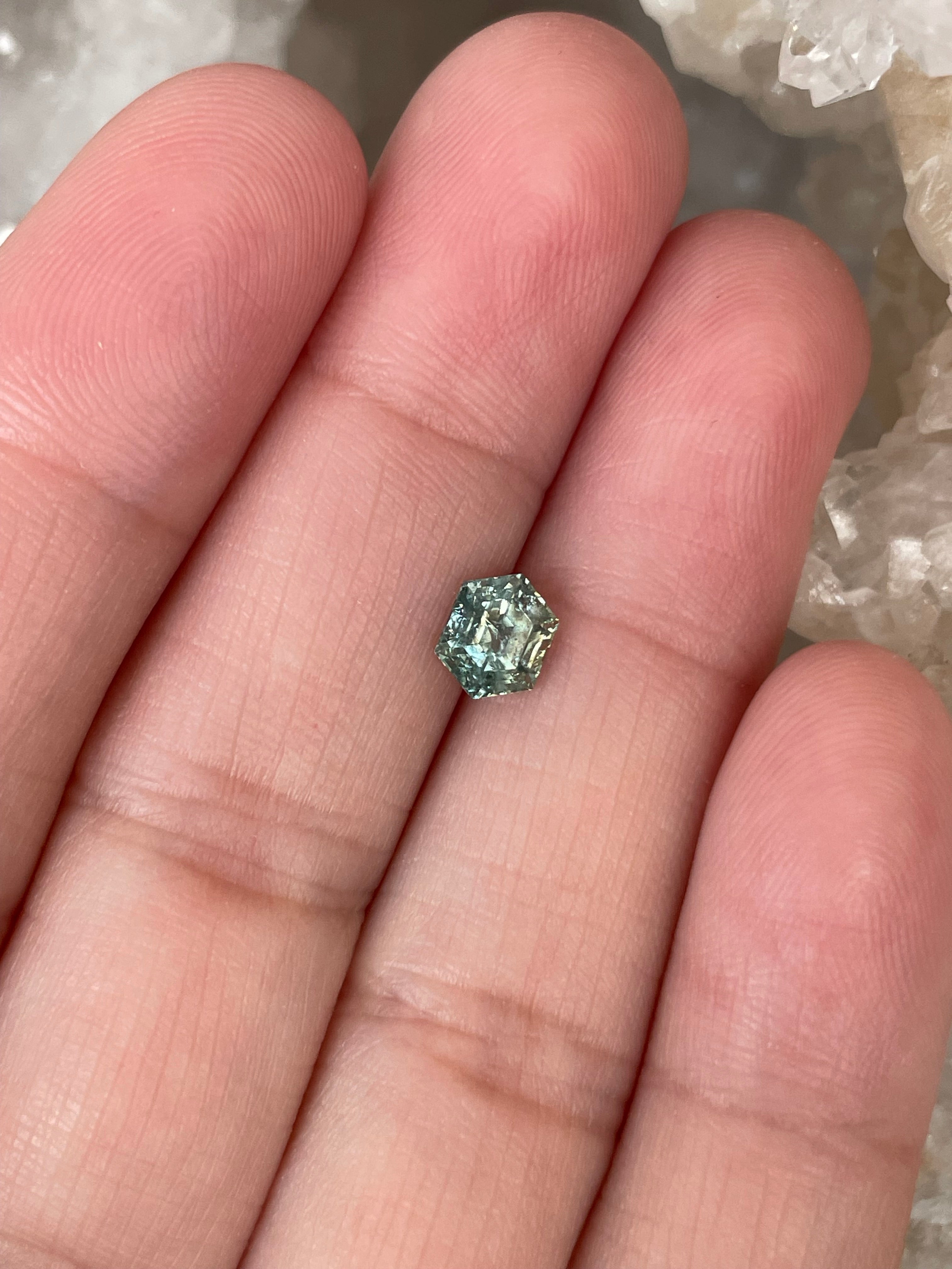 Montana Sapphire 1.20 CT Cracked Ice Light Blue Green Stretched Hexagon Cut