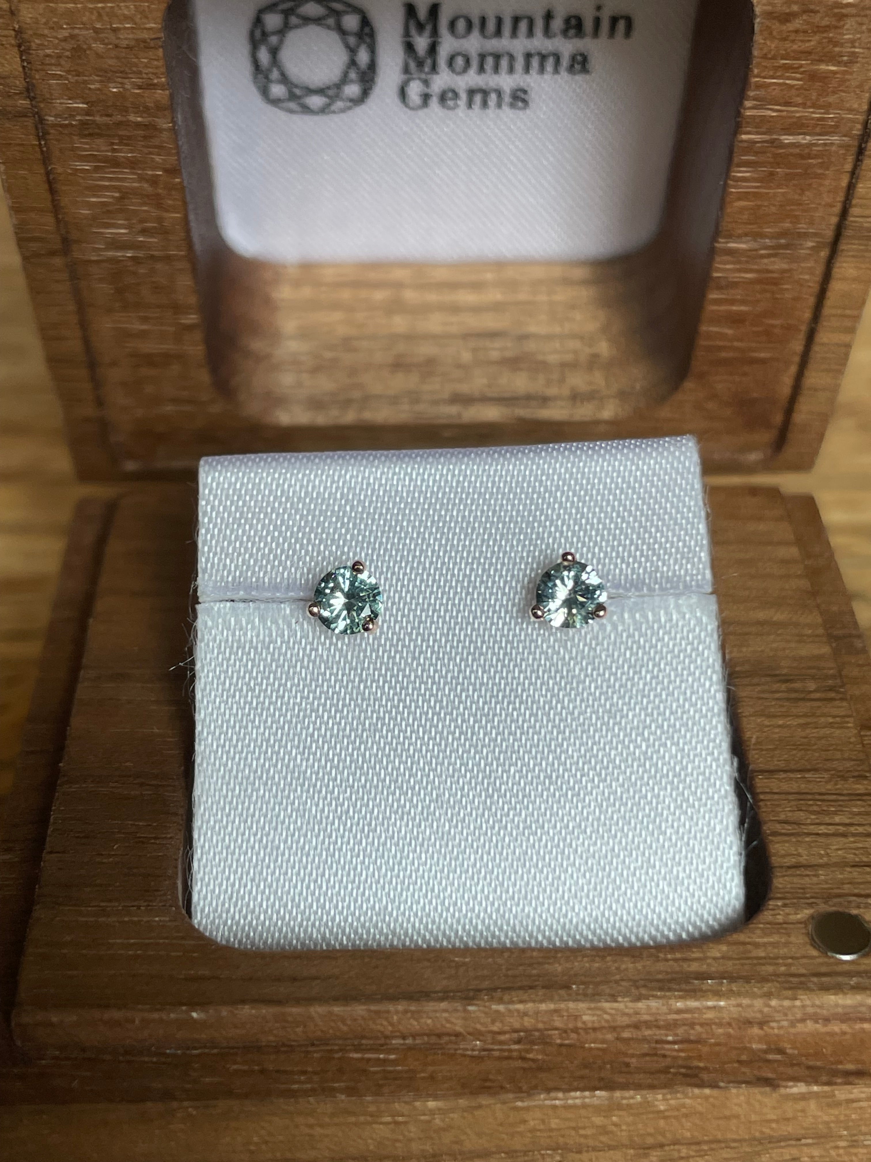 Montana Sapphire Stud Earrings - 3 prong Light Silvery Blue or Green Round .36 ctw in 14k Rose Gold