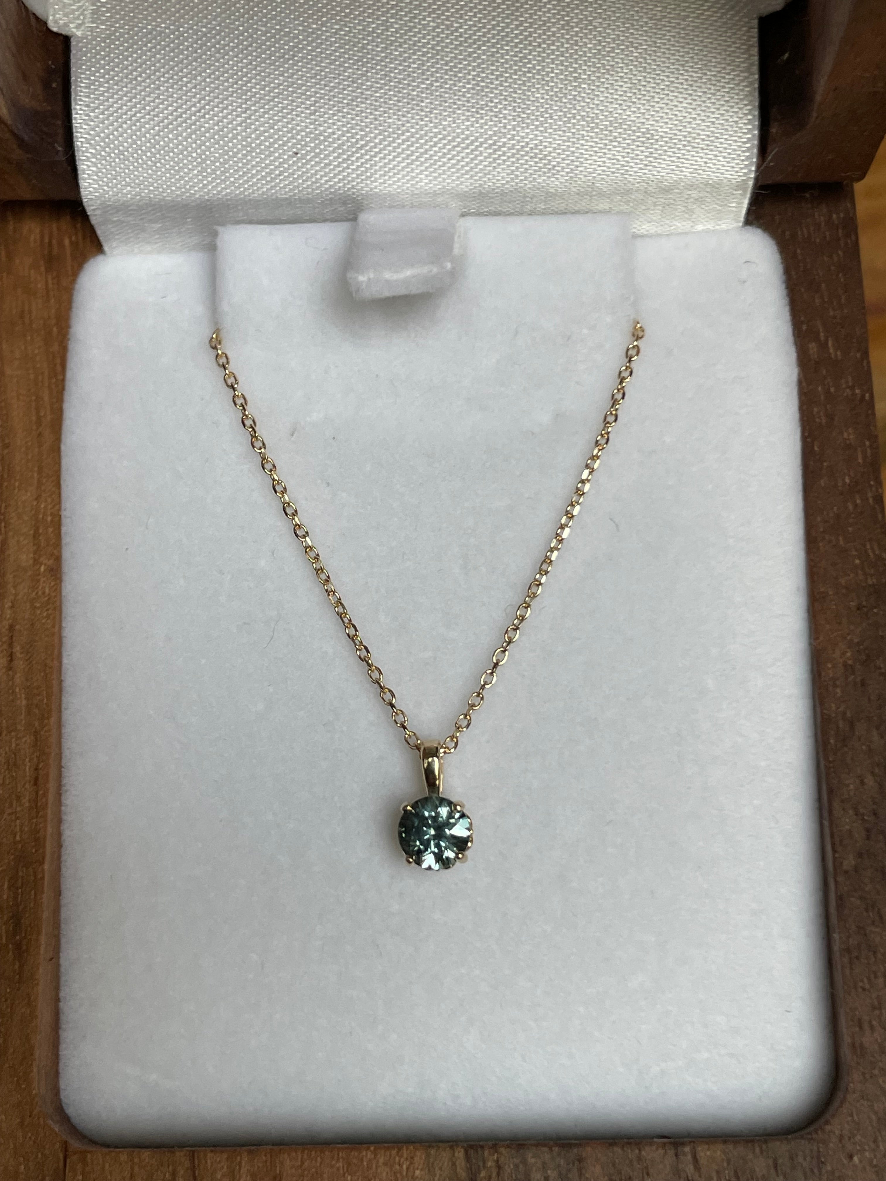 Montana Sapphire Necklace - Color Change Light Ocean Blue Green to Silvery Green Fleur De Lis Setting 14k Yellow Gold