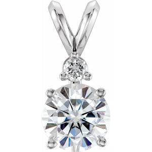 14K White Gold Moissanite Necklace - 6.5mm Round Cut with Natural Diamond Accent