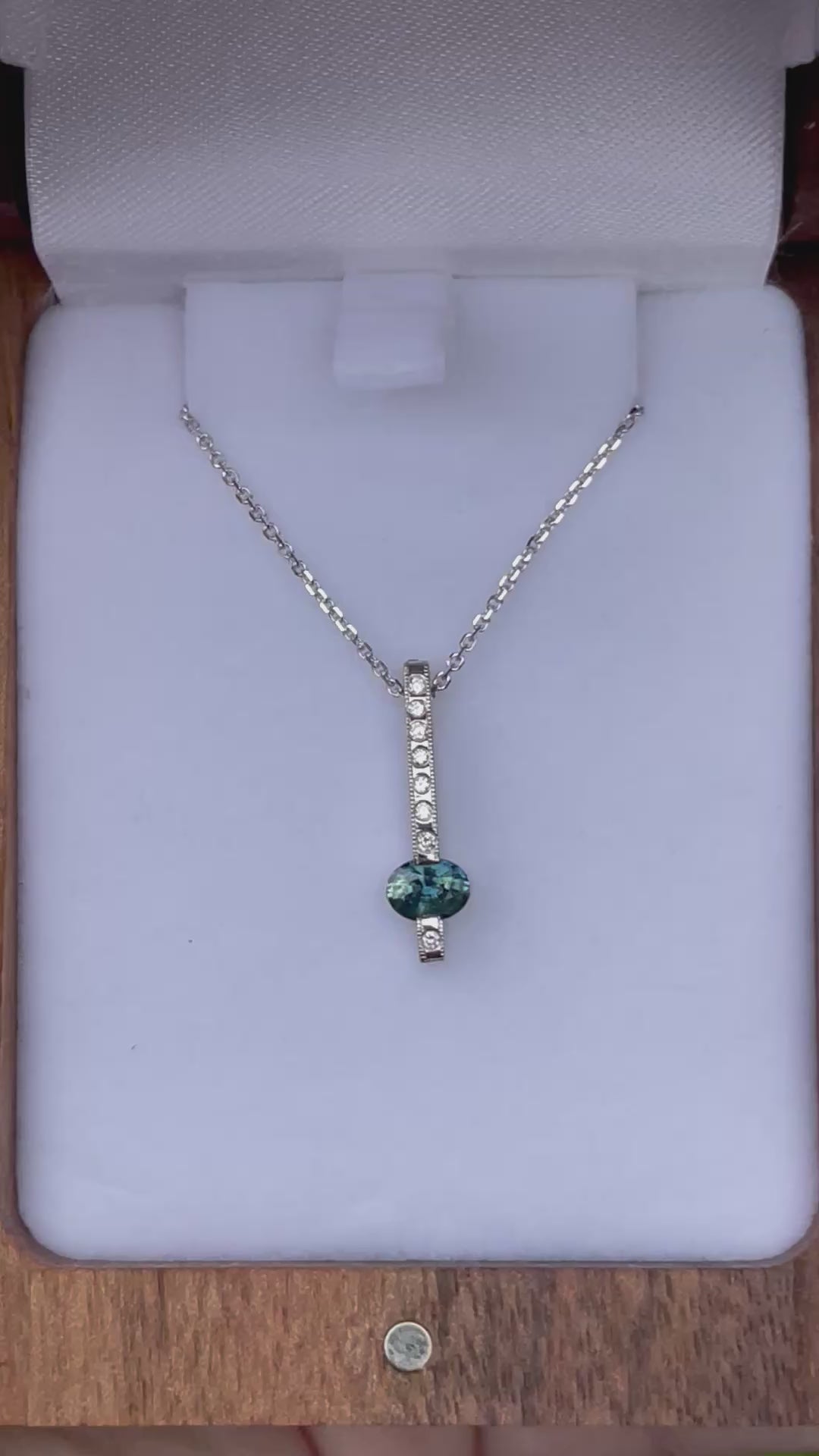 Montana Sapphire Teal Oval and Diamond Bar Necklace in 14 karat White Gold