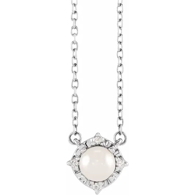 Halo Style Freshwater Pearl and Diamond Necklace - 18 Inch Chain