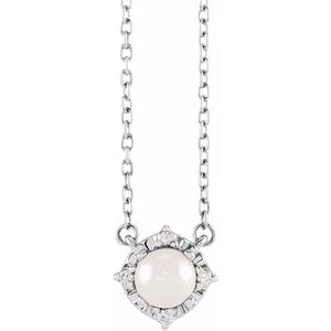 Halo Style Freshwater Pearl and Diamond Necklace - 18 Inch Chain