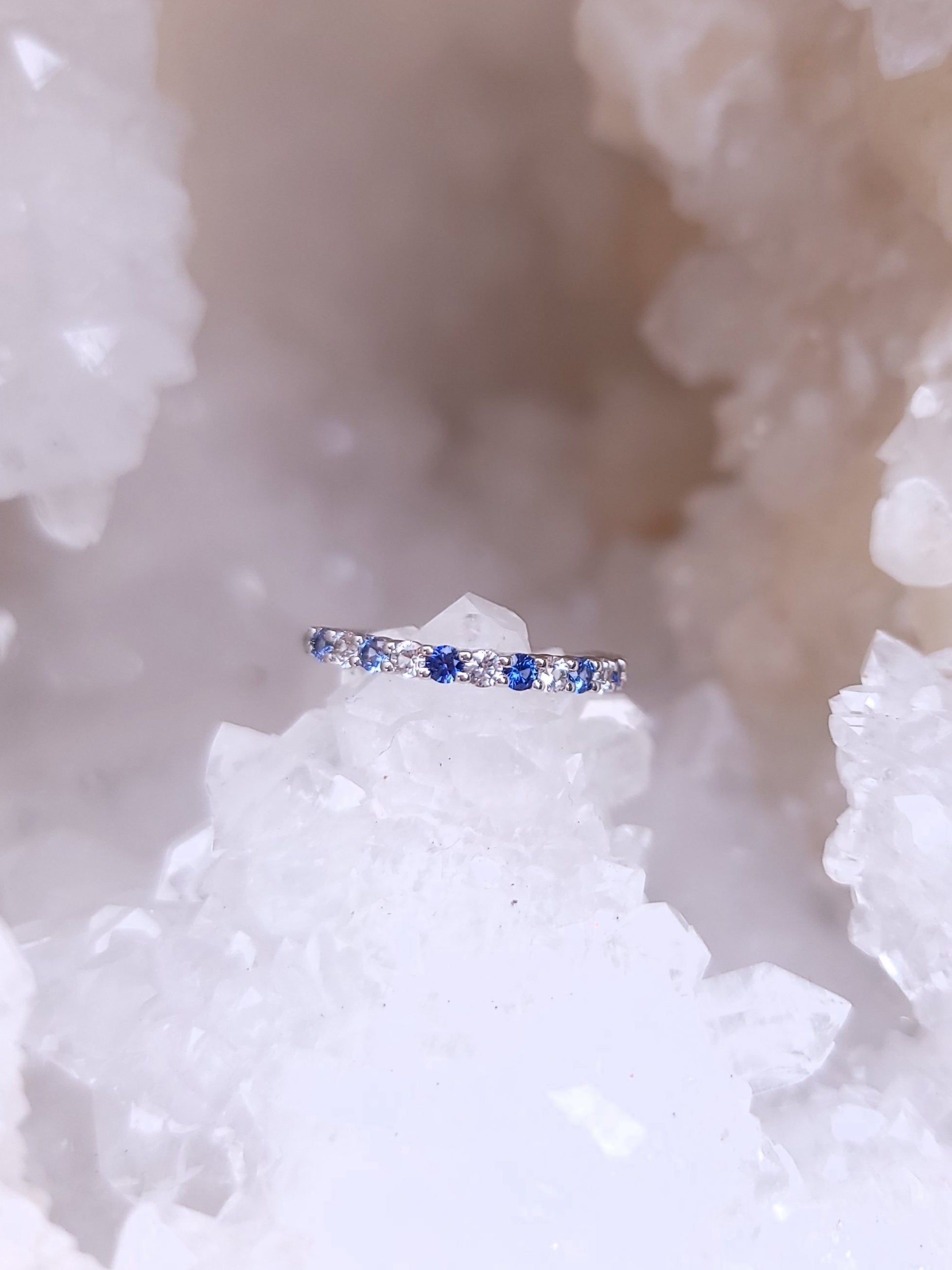 Ring - Sapphires .37 CTW Ombré Blue and White Alternating Round Cut in 14K White Gold