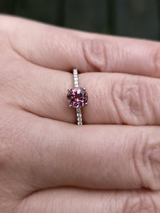 Ring - Tourmaline .93 CT Pink Round Cut set in 14k White Gold band studded with Diamond