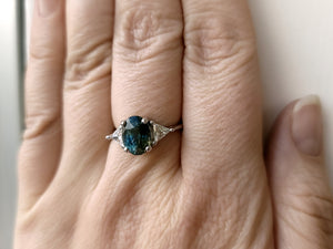 Ring - Madagascar Sapphire 3.26 CT Color Change Oval Cut Teal to Forest Green set in 14K White Gold and Triangle Diamond Ring