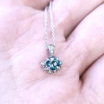 Load image into Gallery viewer, Pendant - Montana Sapphire .74 CT Teal Checkerboard Round Cut set in 14k White Gold Diamond Solitaire Flower
