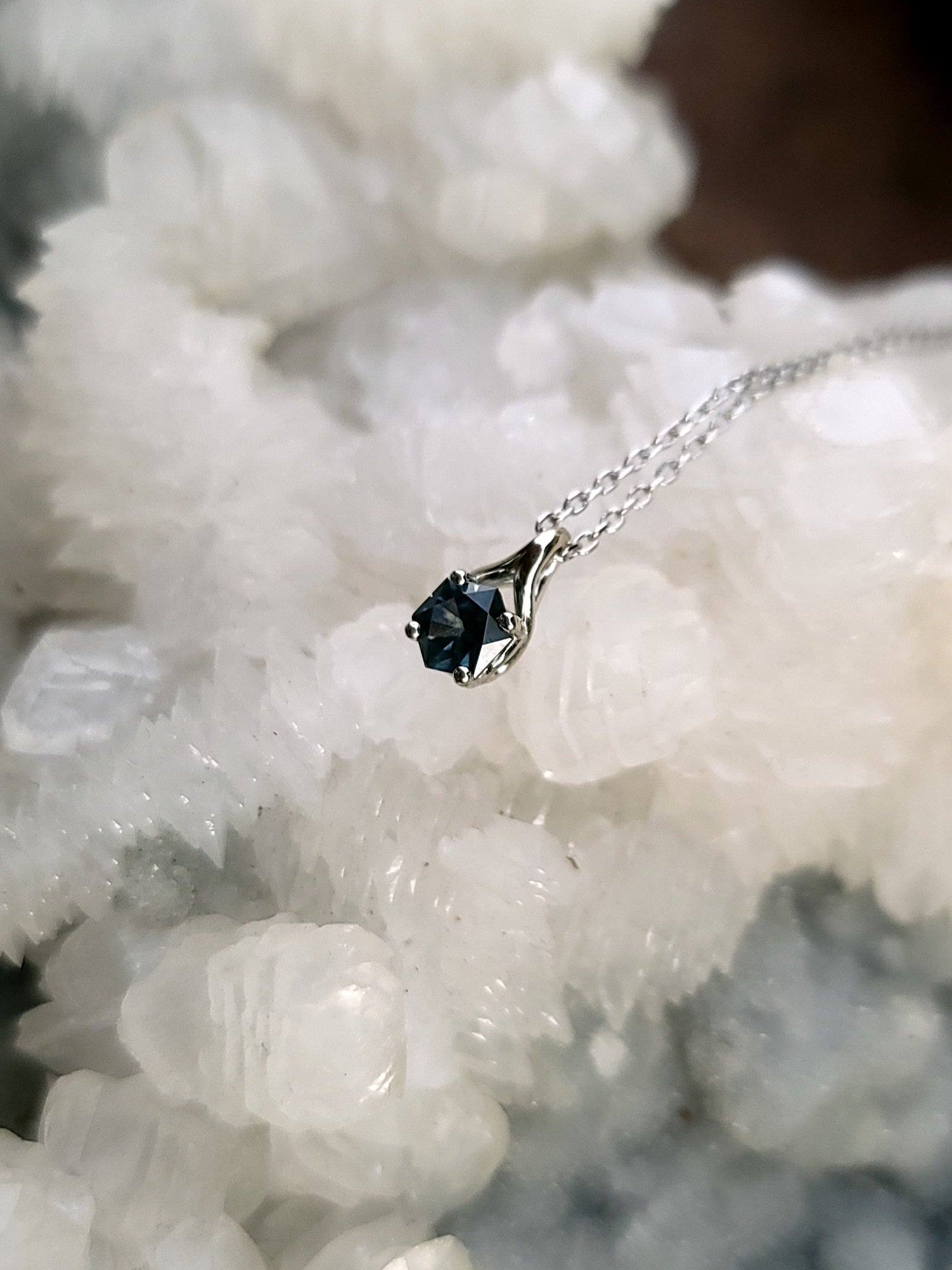 Pendant - Montana Sapphire .44 CT Blue Hexagon Cut set in 14K White Gold Wishbone Solitaire