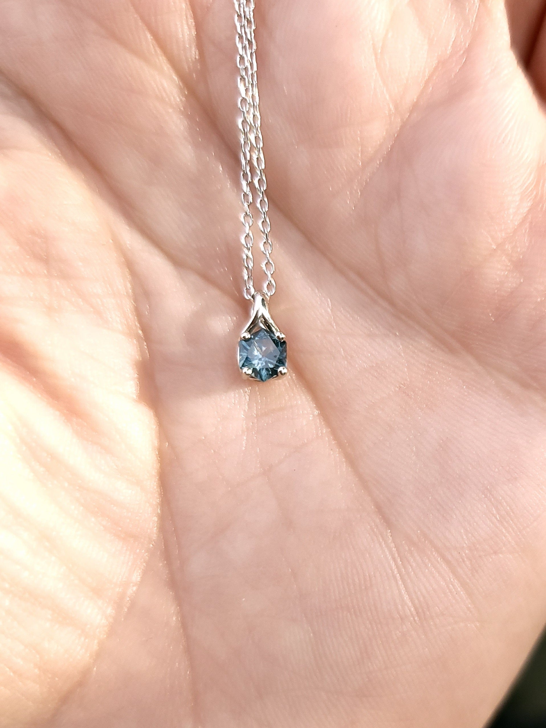 Pendant - Montana Sapphire .44 CT Blue Hexagon Cut set in 14K White Gold Wishbone Solitaire