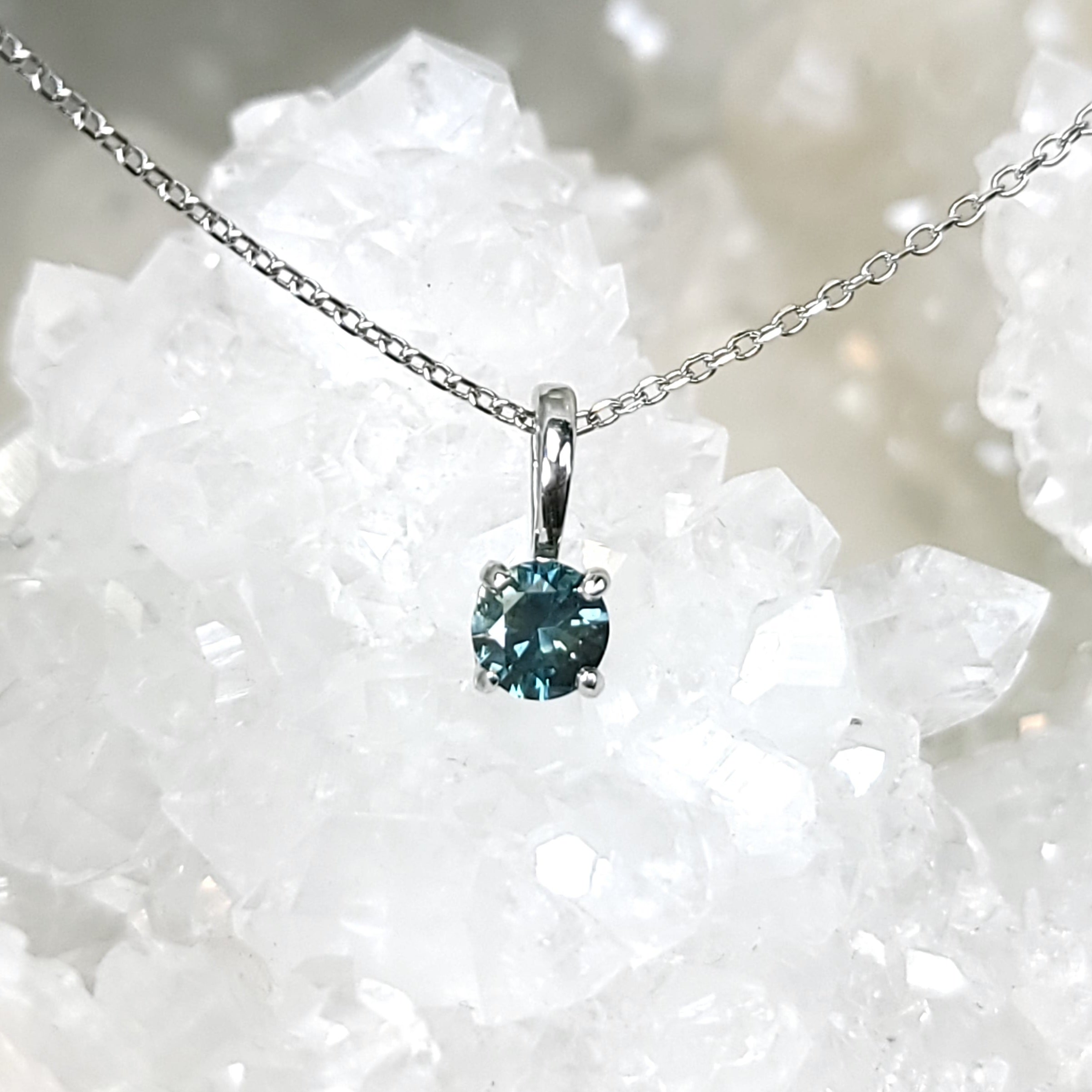 Pendant - Montana Sapphire .45 CT Blue/Teal Round Cut set in 14K White Gold