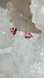 Load image into Gallery viewer, Earrings - Tourmaline Pink Trillion Cut in 14k Yellow Gold Studs
