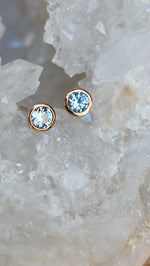 Load image into Gallery viewer, Earrings - Montana Sapphire .59 CTW Grey Round Cut Bezel Studs set in 14K Rose Gold
