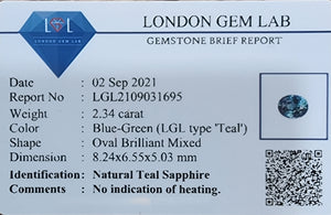 Madagascar Sapphire 2.34 CT Teal, Green, Yellow, Color Change, Unheated Oval Cut