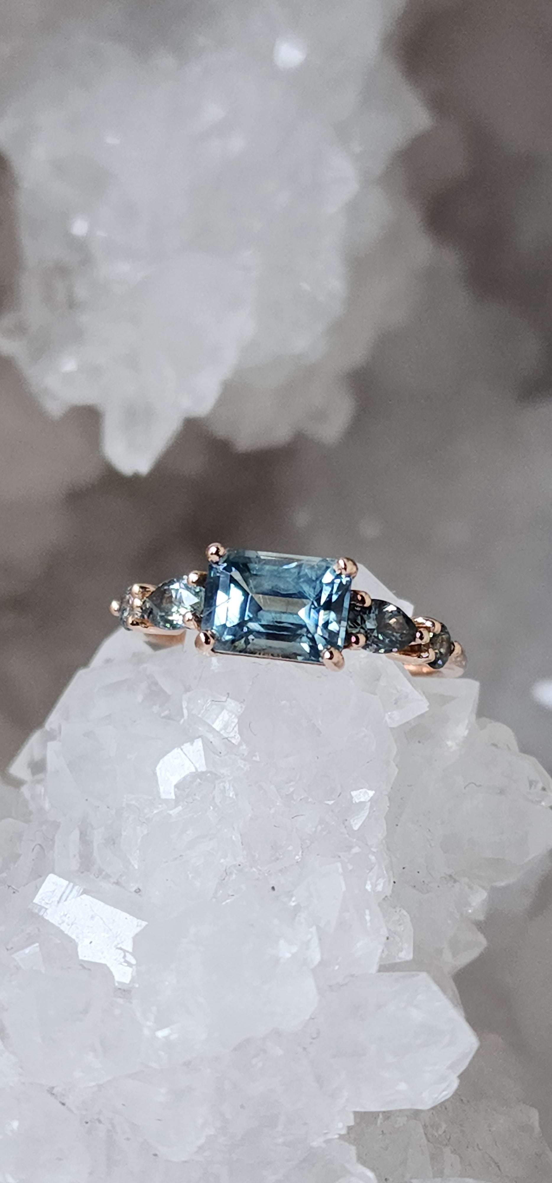Ring - 1.87 CT Montana Sapphire Light Seafoam Blue Emerald Cut Ring in 14K Rose Gold