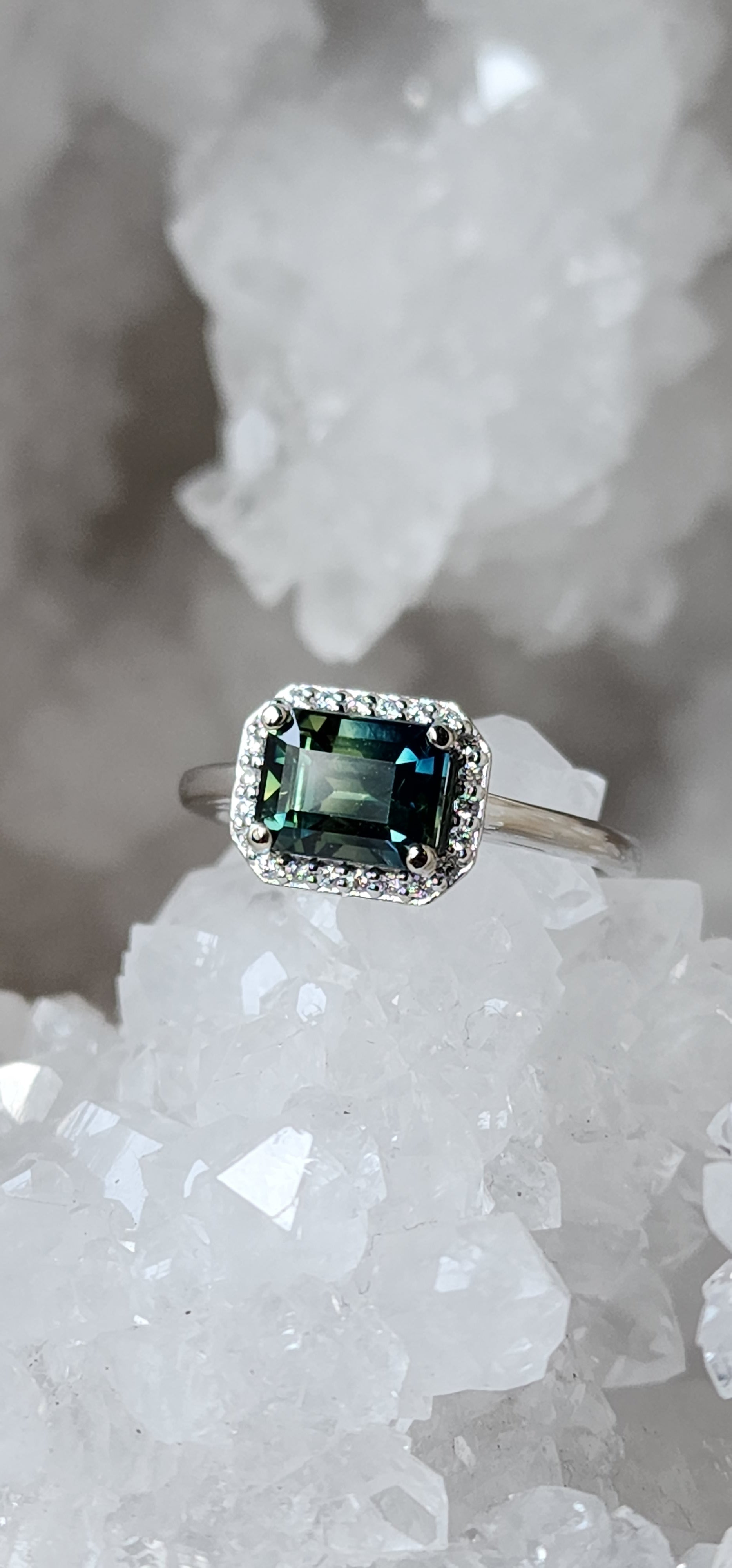 Ring - 2.32 CT Madagascar Sapphire - Parti Colored Emerald Cut with a Diamond Halo in an East to West Setting