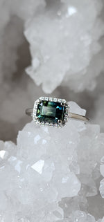 Load image into Gallery viewer, Ring - 2.32 CT Madagascar Sapphire - Parti Colored Emerald Cut with a Diamond Halo in an East to West Setting

