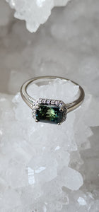 Ring - 2.32 CT Madagascar Sapphire - Parti Colored Emerald Cut with a Diamond Halo in an East to West Setting