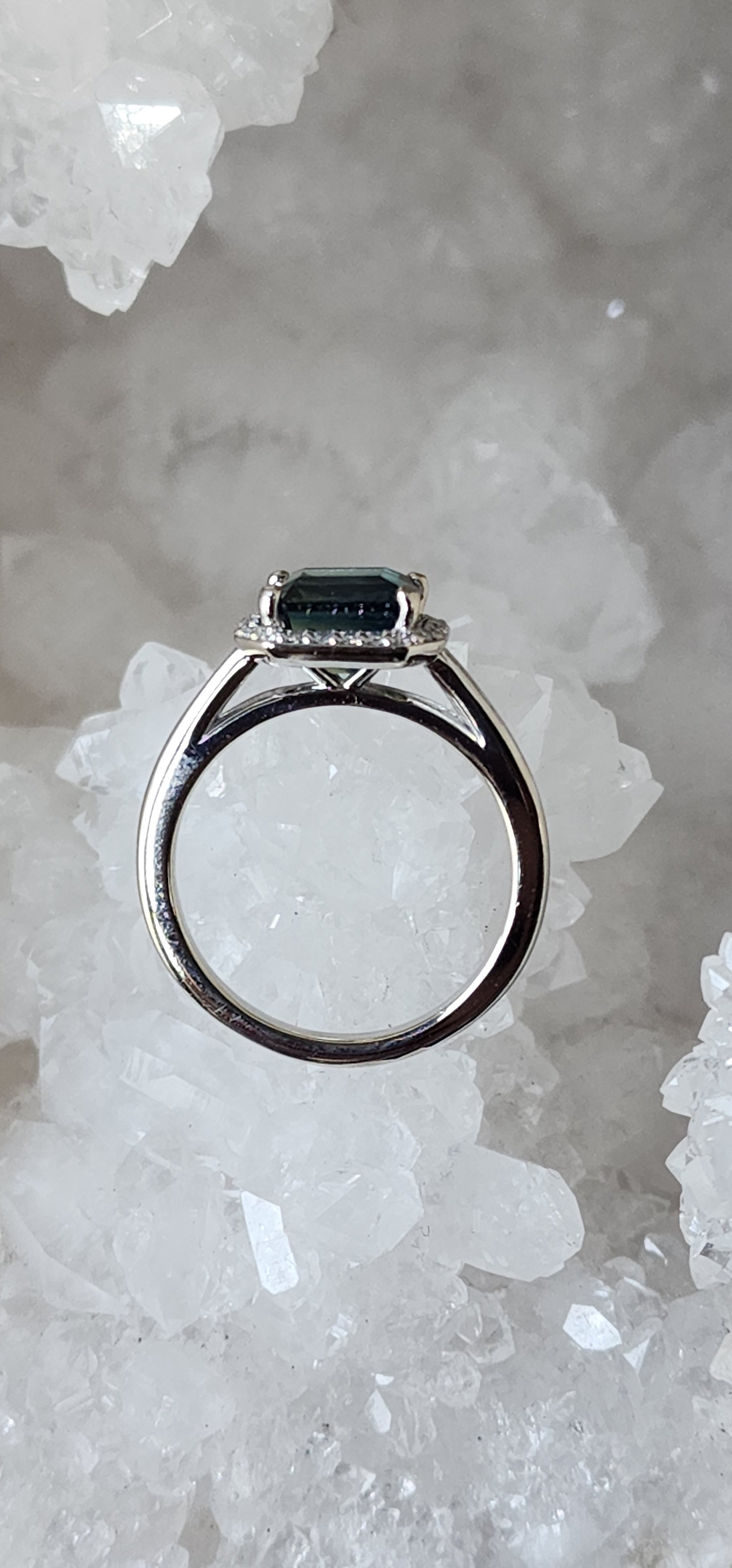 Ring - 2.32 CT Madagascar Sapphire - Parti Colored Emerald Cut with a Diamond Halo in an East to West Setting