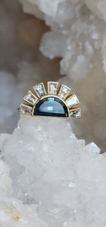 Load image into Gallery viewer, Ring - Montana Sapphire 2.30 CT Half Moon Cut with Diamond Baguette Rays in 14K Yellow Gold
