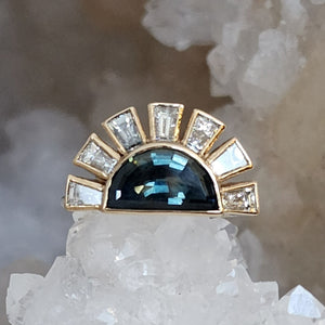 Ring - Montana Sapphire 2.30 CT Half Moon Cut with Diamond Baguette Rays in 14K Yellow Gold
