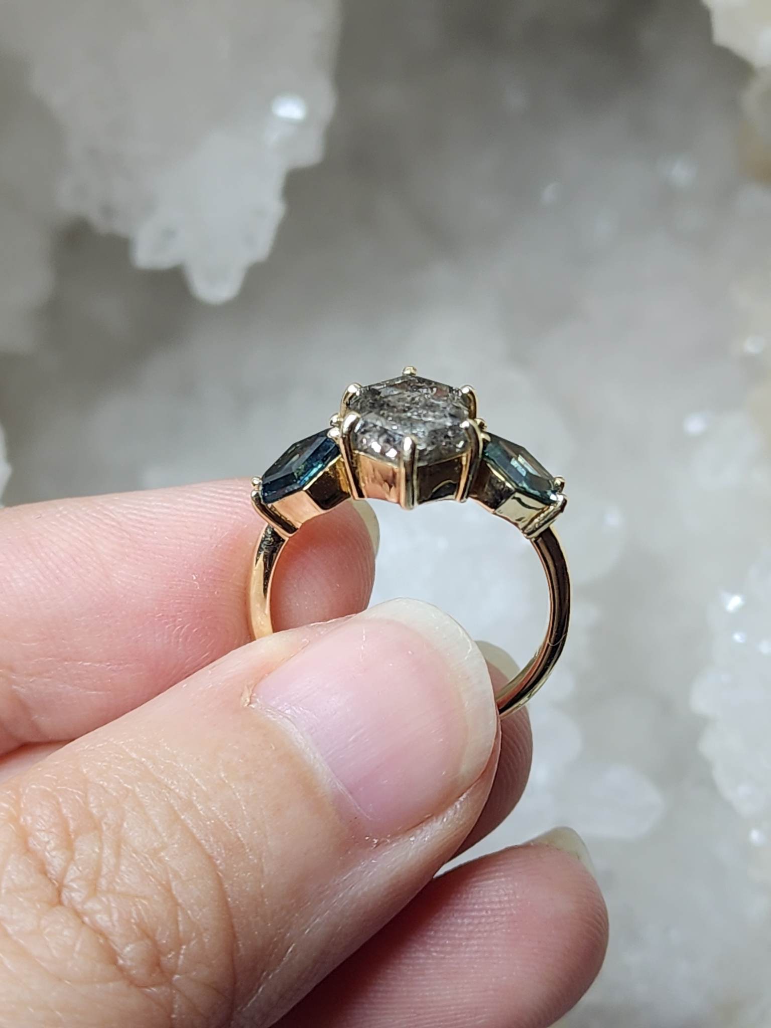 Ring - Salt and Pepper Diamond with Accent Hexagon Sapphires in Yellow Gold