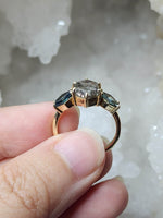Load image into Gallery viewer, Ring - Salt and Pepper Diamond with Accent Hexagon Sapphires in Yellow Gold
