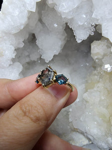 Ring - Salt and Pepper Diamond with Accent Hexagon Sapphires in Yellow Gold