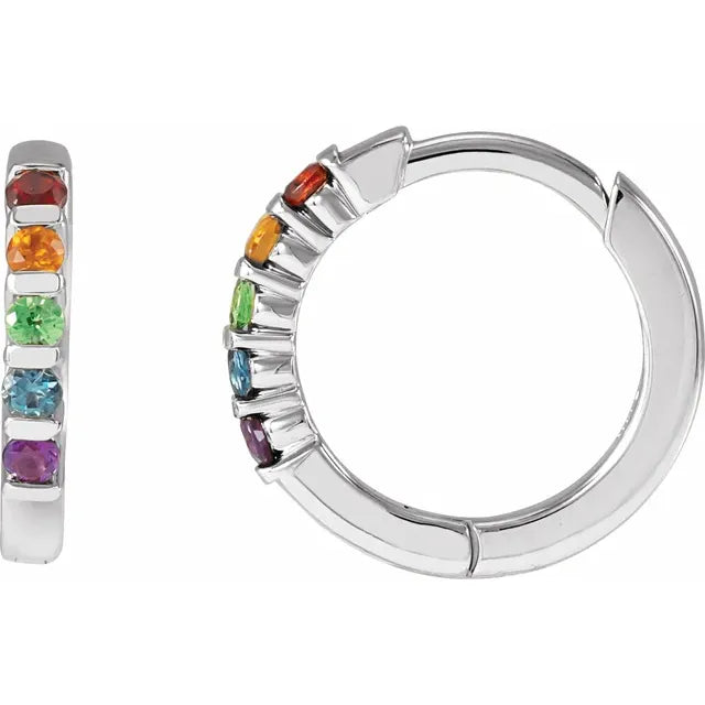 Rainbow Round Gemstone Huggie Hoop Earrings