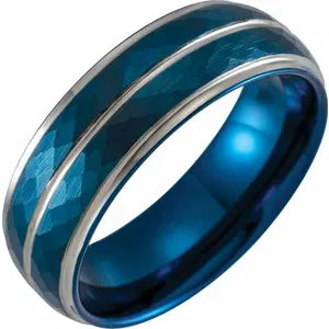 Blue PVD Patterned 8mm Tungsten Flat Edge Band